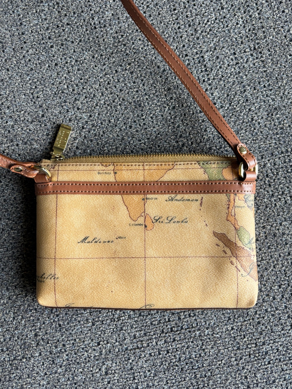 Alviero Martini Tan Map-Print Crossbody with Brown Trim and Gold Hardware